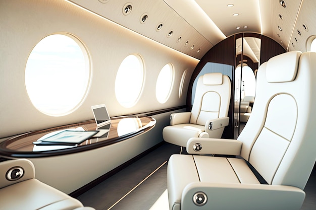 Empty white business jet aircraft interior with stylish armchairs generative ai