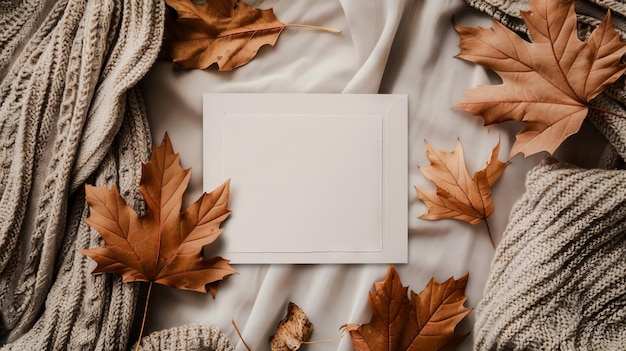 Empty white card with autumn leaves