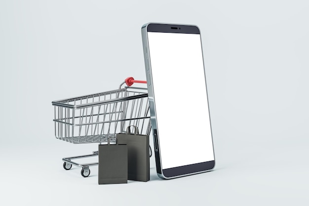 Empty white cellphone with cart and bags on light background Online shopping and purchase concept Mock up 3D Rendering