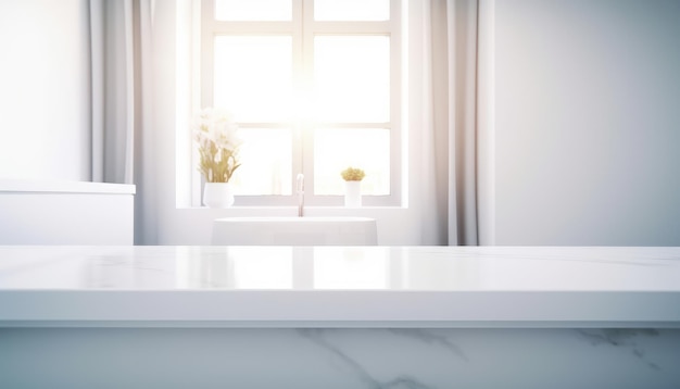 Empty white countertop with blurred bathroom background Generative AI