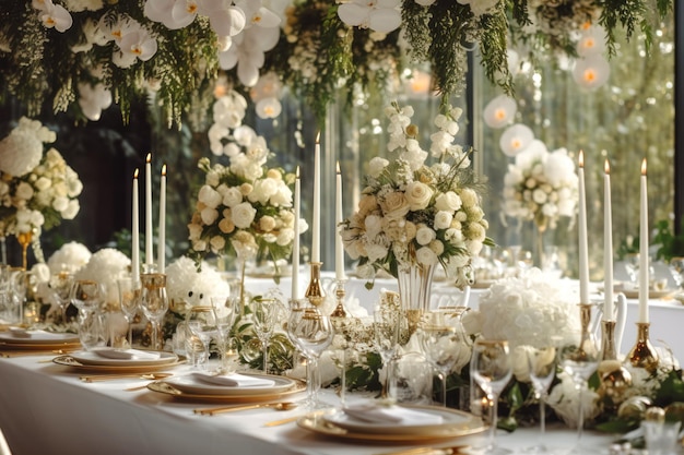 Empty white festive wedding table with candles and utensils preparation for a banquet generative ai