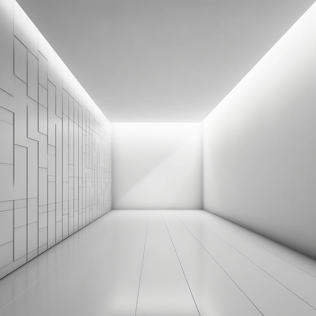 An empty white futuristic room with geometric elements