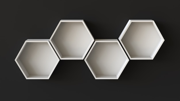 Empty white hexagons shelves on blank wall background