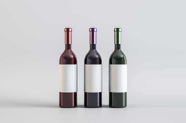 Empty white label wine bottles on light background Alcohol winery beverage and elegance concept Mock up 3D Rendering