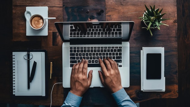 Empty white laptop display on work table of mature business freelance man typing on computer