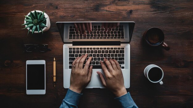 Empty white laptop display on work table of mature business freelance man typing on computer