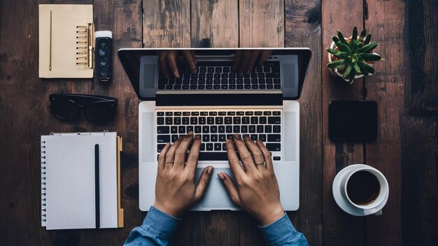 Empty white laptop display on work table of mature business freelance man typing on computer