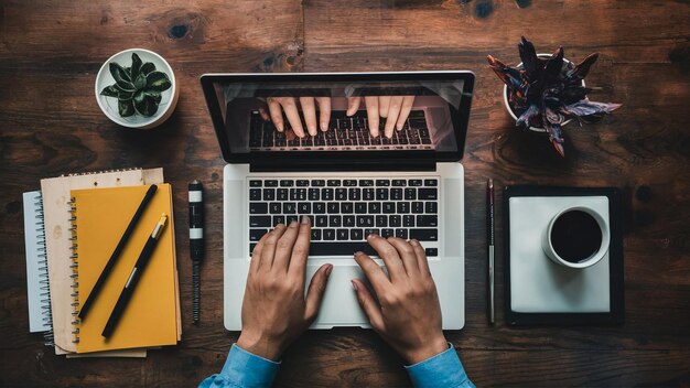 Empty white laptop display on work table of mature business freelance man typing on computer