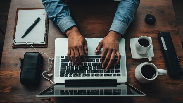 Empty white laptop display on work table of mature business freelance man typing on computer