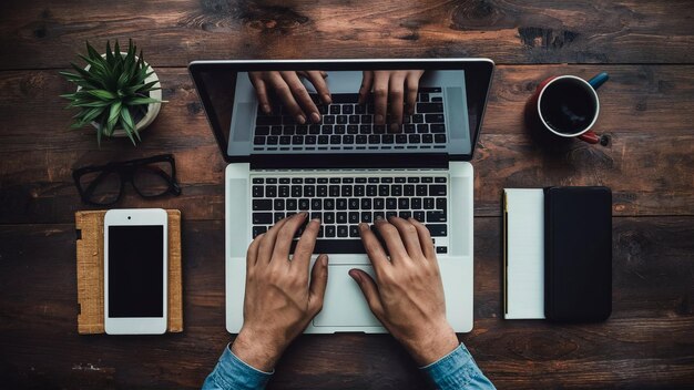 Empty white laptop display on work table of mature business freelance man typing on computer