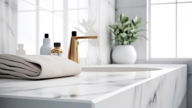 An empty white marble countertop on the white blurred interior of the bathroom Generated by AI