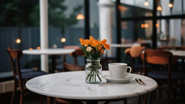 Empty white marble stone table top and blur glass window interior cafe and restaurant banner mock u