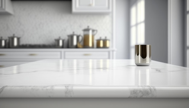 Empty white marble table modern kitchen for display product over kitchen background Generative AI