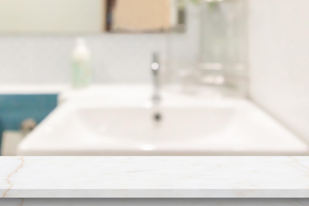 Empty white marble table top with blur bathroom background