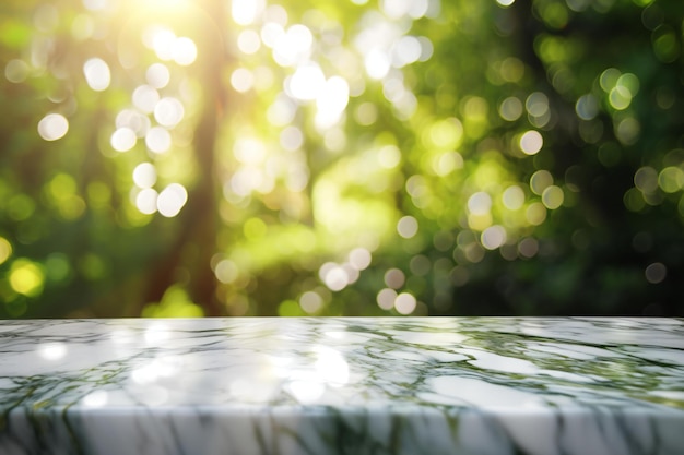 Empty white marble table top with green nature bokeh background For product display