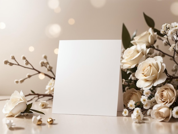 Empty White Paper with Blank Flowers and Branches on Beige Background