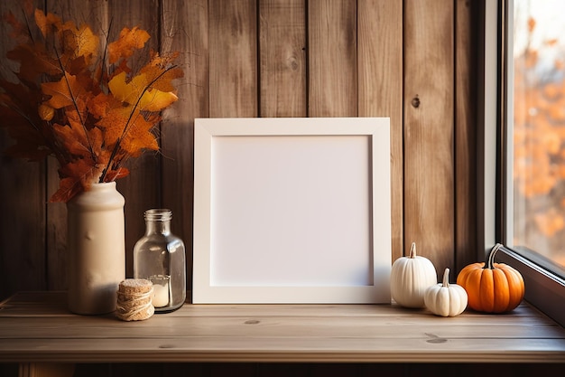 Empty White Photo Frame on Wooden Table with Room Decoration in Autumn Season