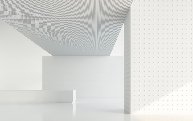 Empty white room modern space 3d renderA blank wall with pure white Decorate with geometry object