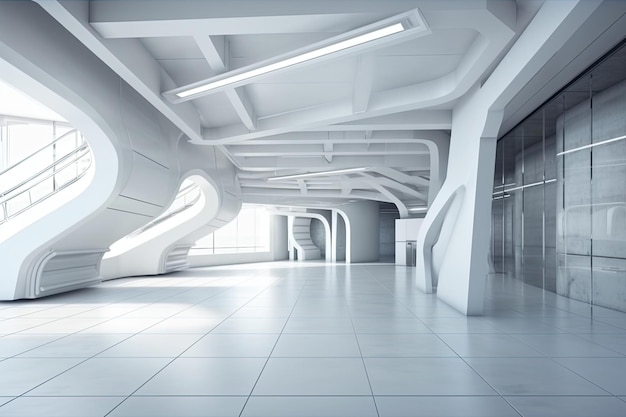 An empty white room with a staircase and ample natural light streaming in from numerous windows