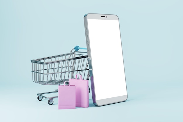 Empty white smartphone with cart and bags on light background Online shopping and purchase concept Mock up 3D Rendering