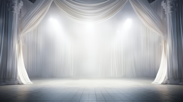 Empty white stage with white curtains and spotlight