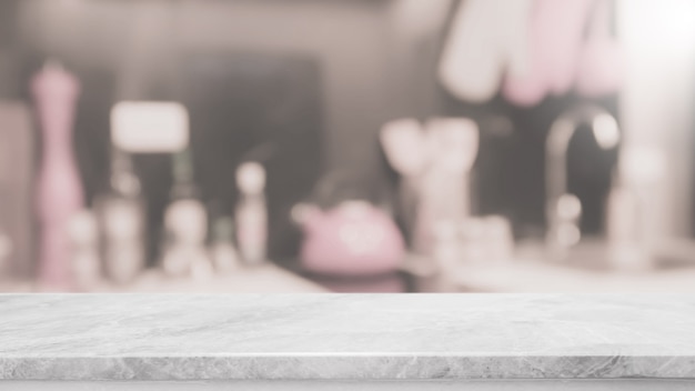 Empty white stone table top and blurred kitchen interior background.