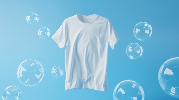 Photo an empty white tshirt hovers in midair against a blue background surrounded by transparent soap