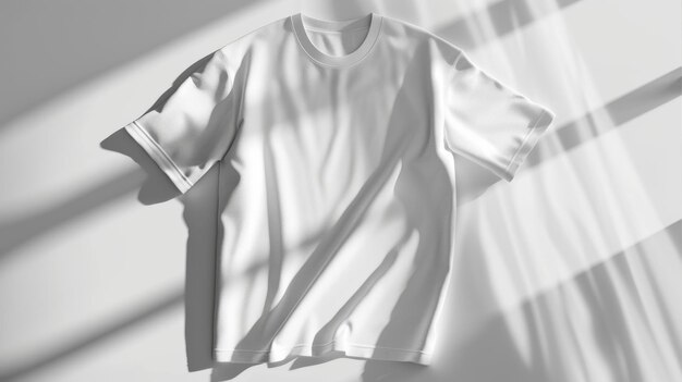 An empty white Tshirt is artistically displayed under soft shadows emphasizing its simplicity and classic design