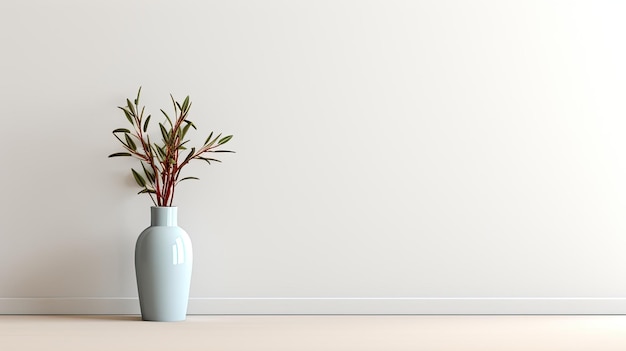 an empty white wall as a mockup canvas a stylish vase with green fir branches on a white table beneath the wall This is a great way to showcase the simplicity of holiday home decor