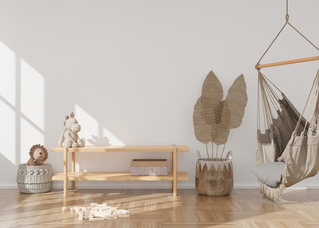 Empty white wall in modern child room Mock up interior in scandinavian boho style Copy space for your picture or poster Console hanging armchair rattan basket Cozy room for kids 3D rendering