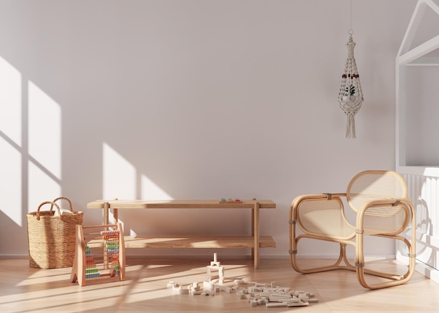 Empty white wall in modern child room Mock up interior in scandinavian boho style Copy space for your picture or poster Console rattan armchair toys macrame Cozy room for kids 3D rendering