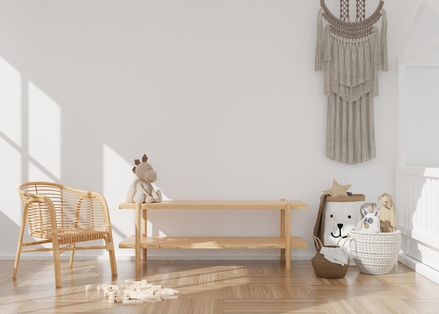 Empty white wall in modern child room Mock up interior in scandinavian boho style Copy space for your picture or poster Console rattan armchair toys macrame Cozy room for kids 3D rendering