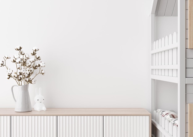 Empty white wall in modern child room Mock up interior in scandinavian style Copy space for your picture or poster Bed sideboard cotton plant in vase Cozy room for kids 3D rendering