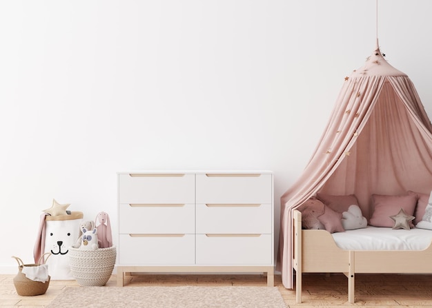 Empty white wall in modern child room Mock up interior in scandinavian style Free copy space for your picture poster Bed console rattan basket toys Cozy room for kids 3D rendering