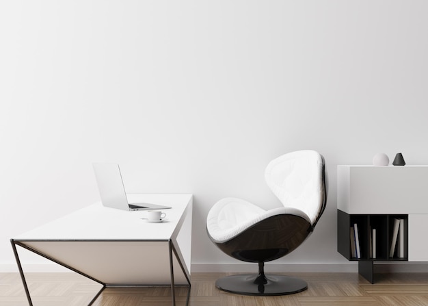 Empty white wall in modern room Mock up interior in contemporary style Free copy space for picture poster text or another design Console desk chair books laptop 3D rendering