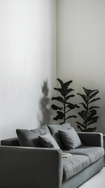 Photo empty white wall with sofa and indoor plant