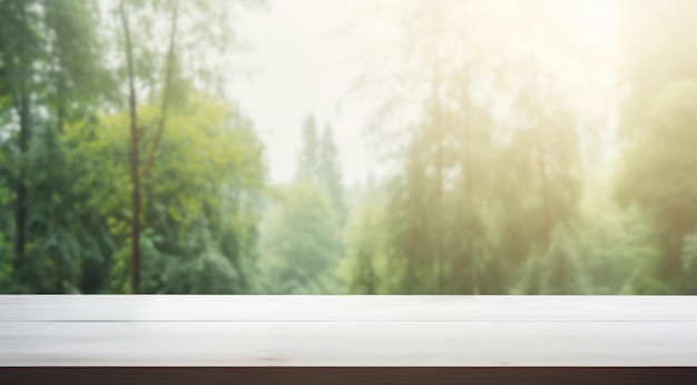 Empty white wooden table in contrast to the with greenery with dense forest and sunlight background