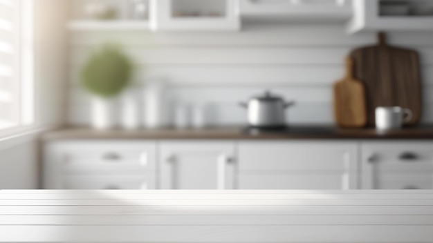 Empty white wooden table modern kitchen for display product over kitchen background Generative AI