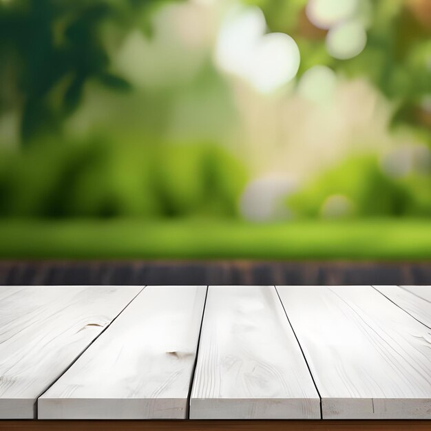 Empty White Wooden Table Product Display with Blurred Garden Background 1