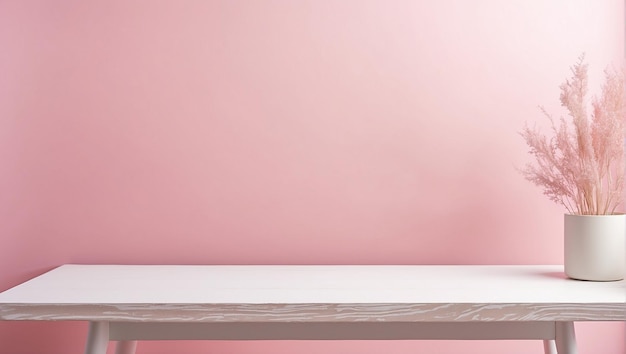 Photo empty white wooden table for product display with pink pastel background backdrop with copy space