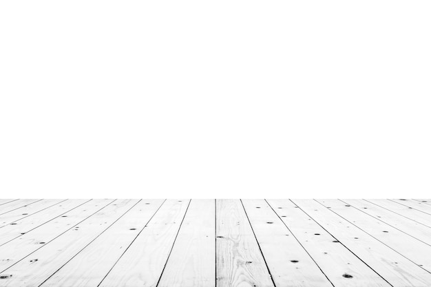 Empty white wooden table top isolated on white background