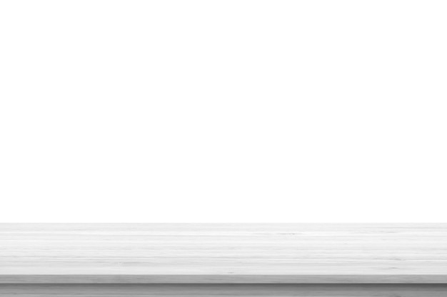 Empty white wooden table top isolated on white background