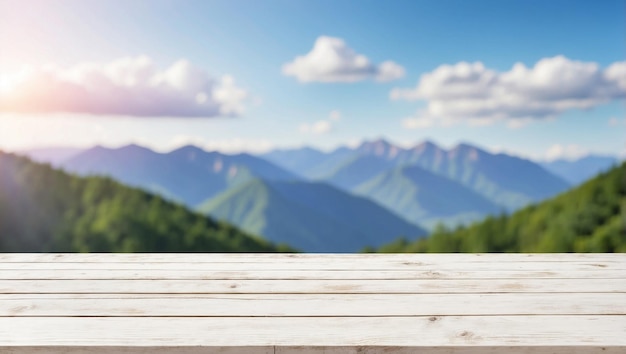 empty white wooden table top with blur background of mountain