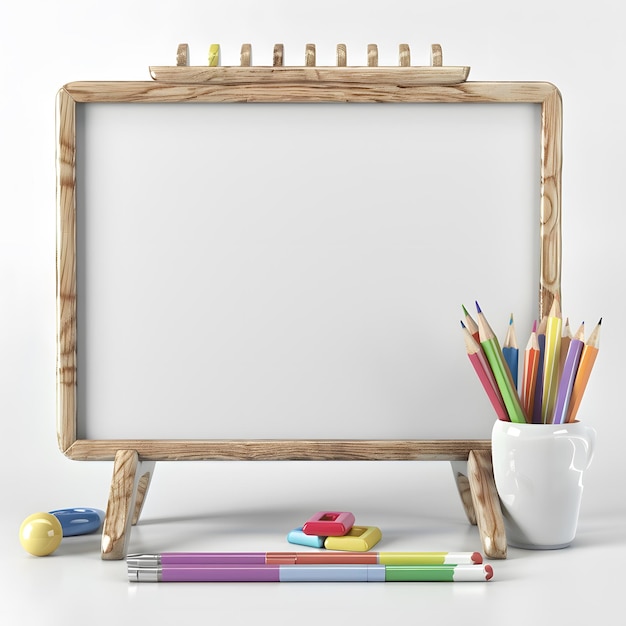 empty whiteboard with school supplies isolated on white background cinematic