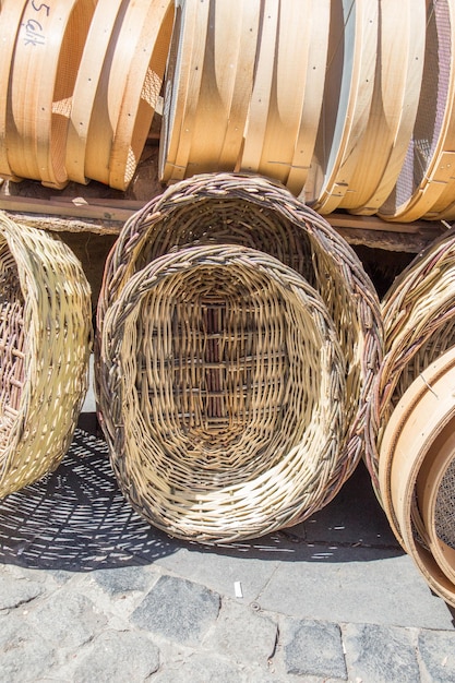 Empty wicker baskets for sale in a market place