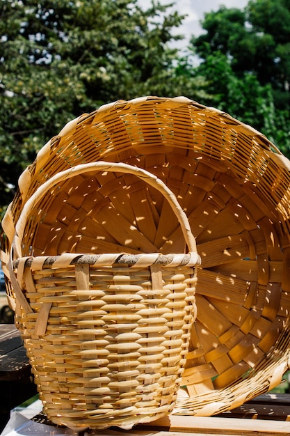 Empty wicker baskets for sale in a market place