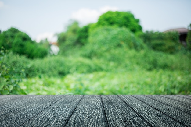 Empty wood floor with Lanscape background blurred