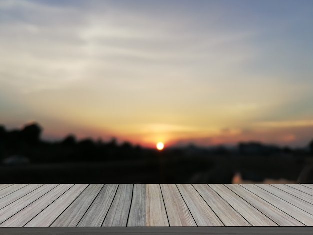 Empty wood floor with Lanscape background blurred