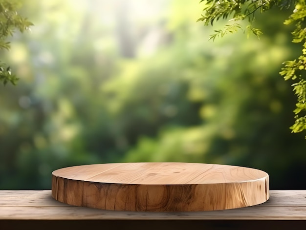 Empty wood podium for product display on wooden floor in blurred nature green tree background