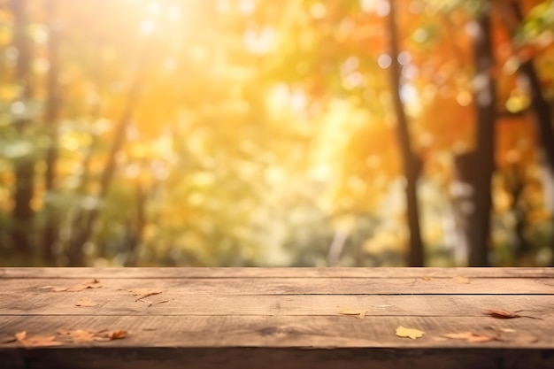 Empty wood table in autumn with blurred background ai generative illustration